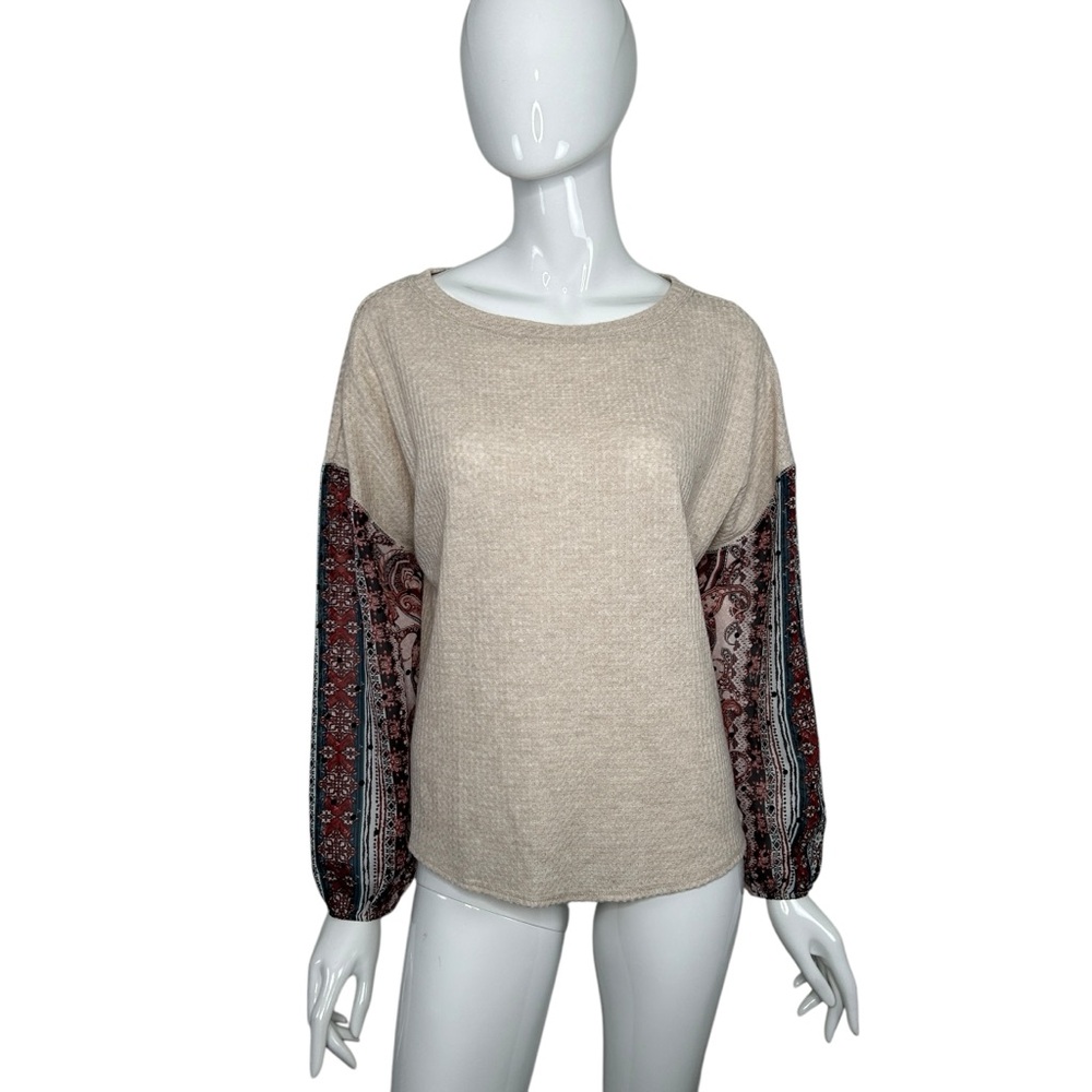 Gypsies & Moondust Top Waffle Knit Sheer Sleeve Top Size Small